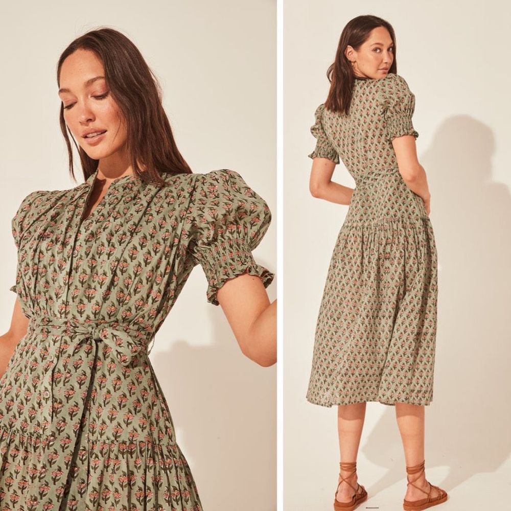 Daughters of India Dress Floral Button Down Block Print Green Midi Dress Size S